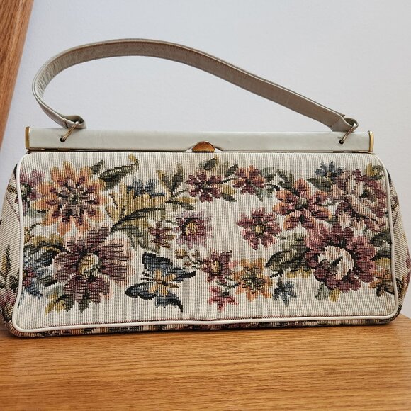 1960-S“ LA MARQUISE” VINTAGE FLORAL TAPESTRY AND LEATHER BAG - Picture 2 of 9